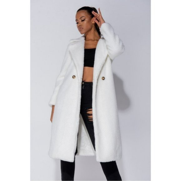 White Long Sleeve Double Breasted Loose Fit Long Maxi Teddy Bear Fur Coat - Picture 6 of 16